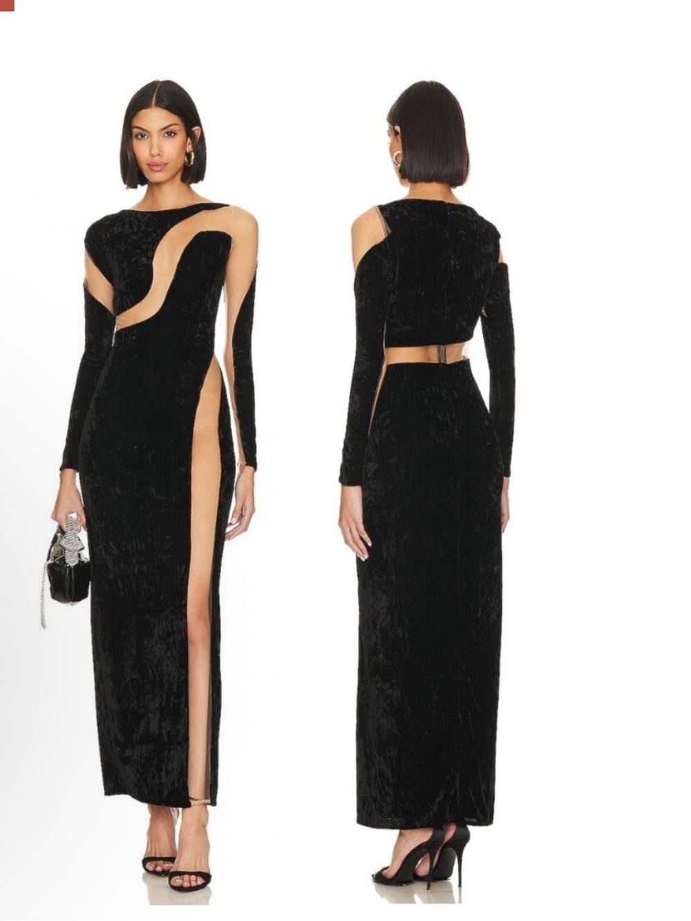 NBD Revolve Fareena Formal Maxi Dress Velvet Long Sleeve Mesh Panel Black Size S